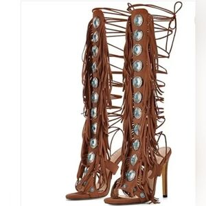 Brown faux suede knee-high gladiator heels, fringe, lace-up detail, turquoise